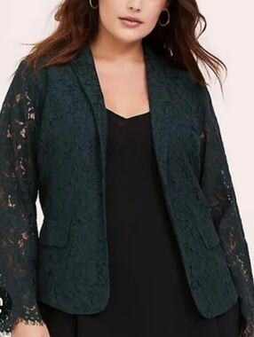 Torrid - Dark Forest Green Lace Open-Front Blazer